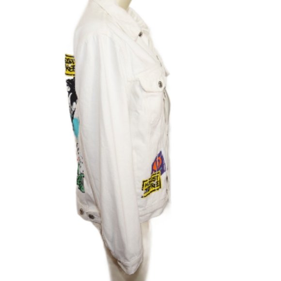 Zara Denim Jacket Unisex Size Small Distressed White/Cream Graffiti Printed - Picture 7 of 8